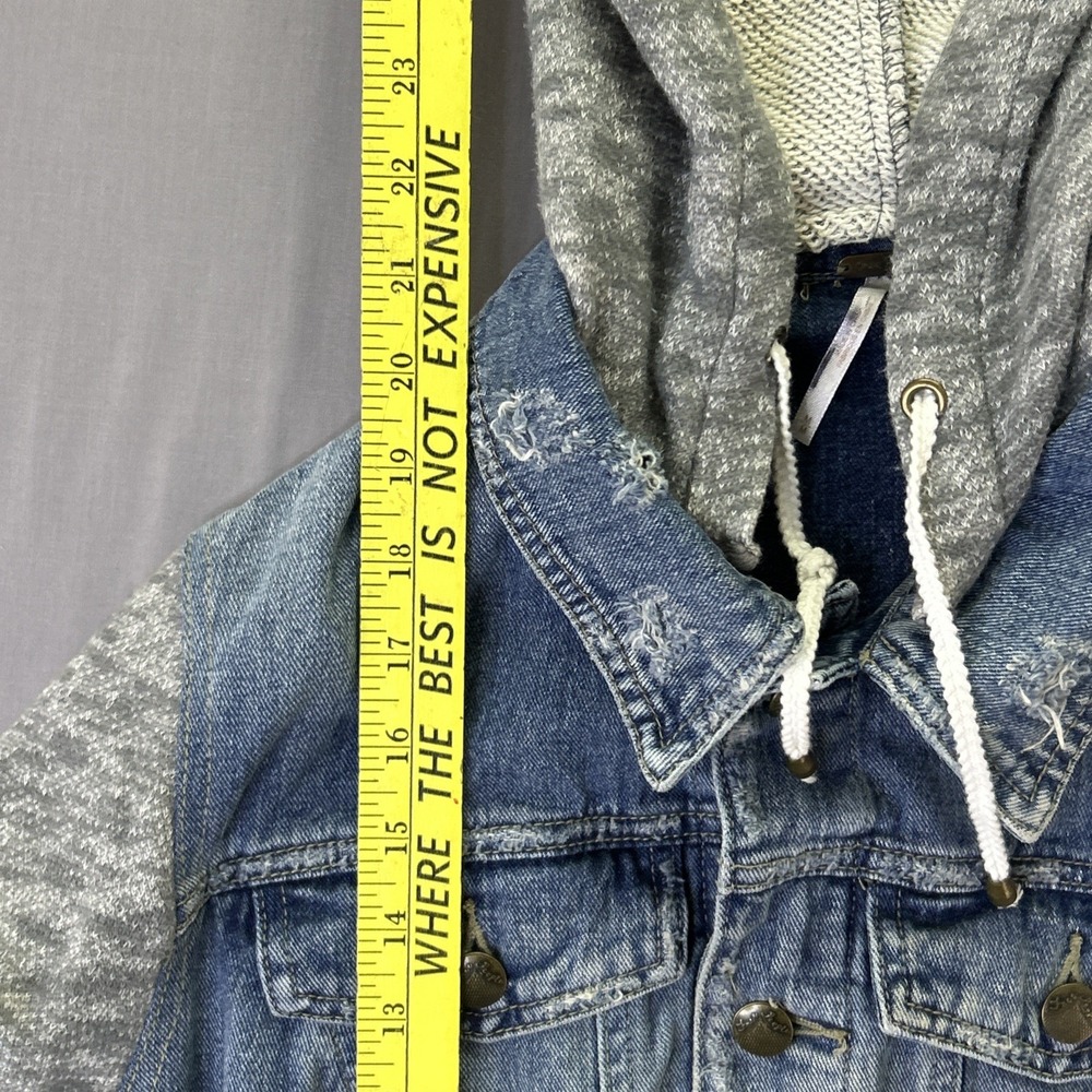 Free People Denim Jacket Gray Knit Sleeves Detachable Hood Blue Distressed M - Picture 4 of 6